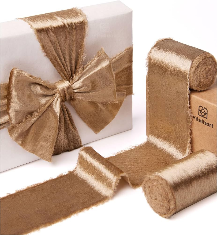 Vitalizart Gold Silk Velvet Ribbon 2.5" Christmas Handmade Frayed Edges Khaki Glossy Ribbon for G... | Amazon (US)
