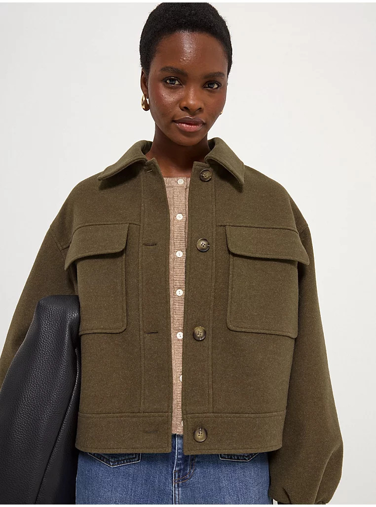 Khaki Button Through Utility Bomber Shacket | George