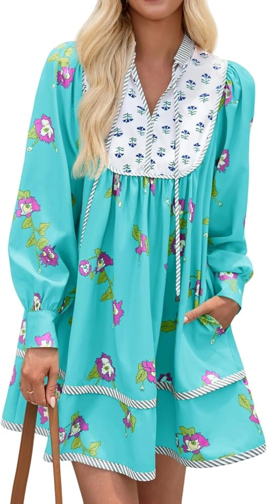 Wenrine Womens Casual Floral Mini Dress 2025 Fall Long Sleeve V Neck Patchwork Loose Boho Shirt D... | Amazon (US)