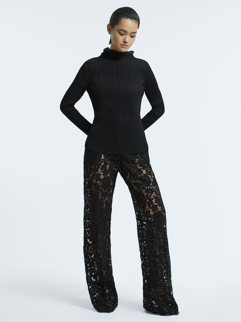 Atelier Sheer Lace Wide Leg Black Trousers | Reiss US