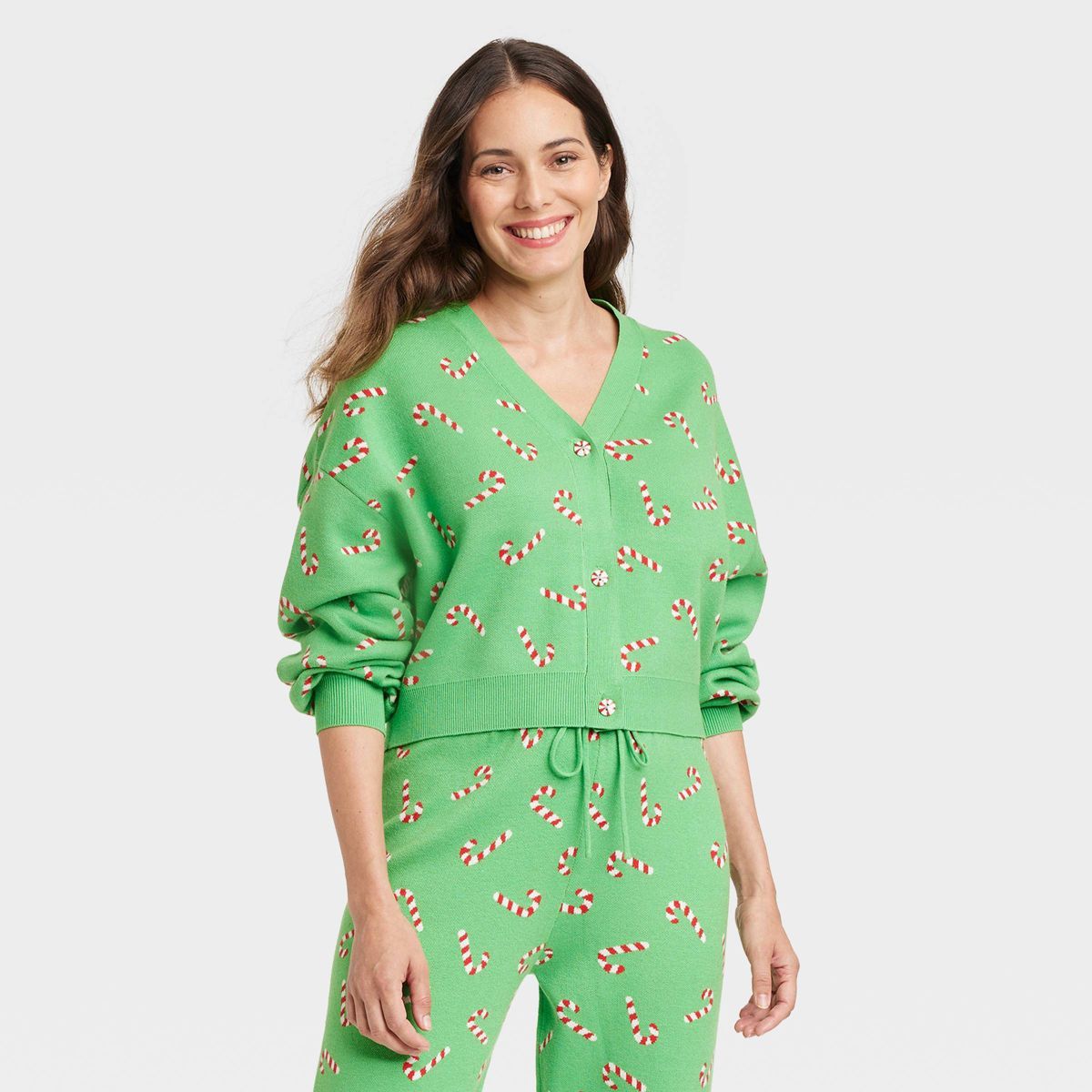 Women's Candy Cane Graphic Cardigan - Green M | Target