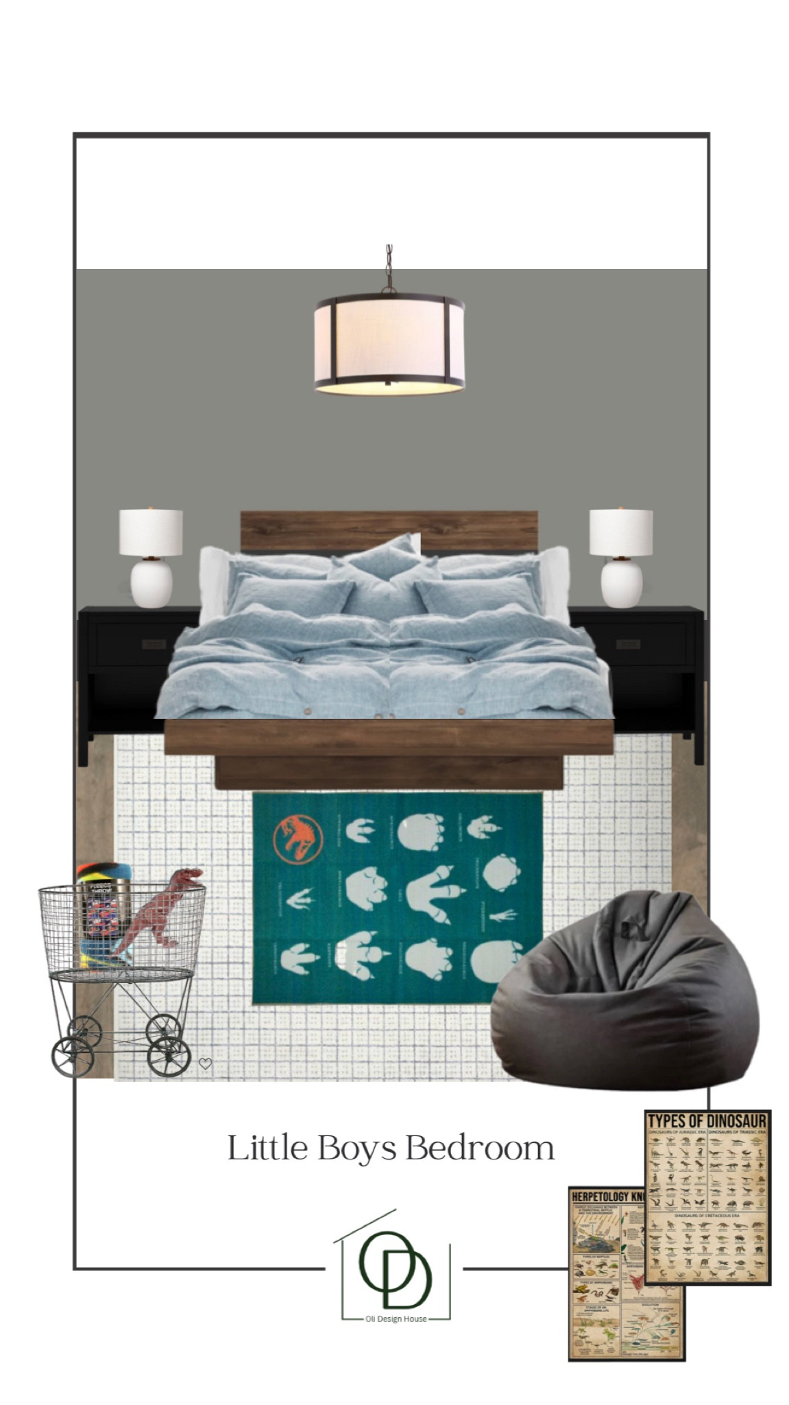 An affordable little boys bedroom design

Modern organic boys bedroom, teen bedroom, kids bedroom, leather bean bag chair, dinosaur area rug, checkered area rug, metal toy cart on wheels, white table lamps, black nightstand with 1 drawer and shelf, blue linen duvet cover, white drum light with black detail, wood bedframe, platform bed, modern kids wall art, dinosaur wall art, lizard wall art

#LTKhome #LTKFind #LTKkids