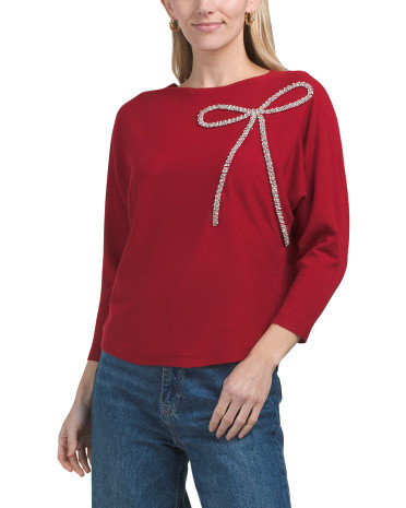 Bow Embellished Dolman Three-quarter Sleeve Sweater | TJ Maxx