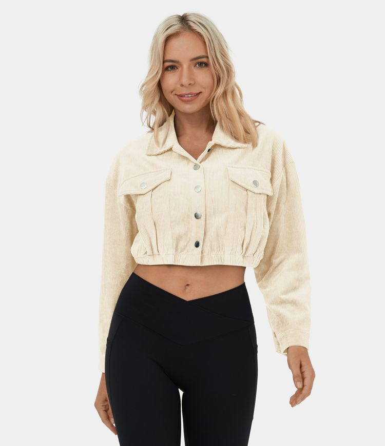 Collared Button Pocket Cropped Corduroy Casual Jacket | HALARA
