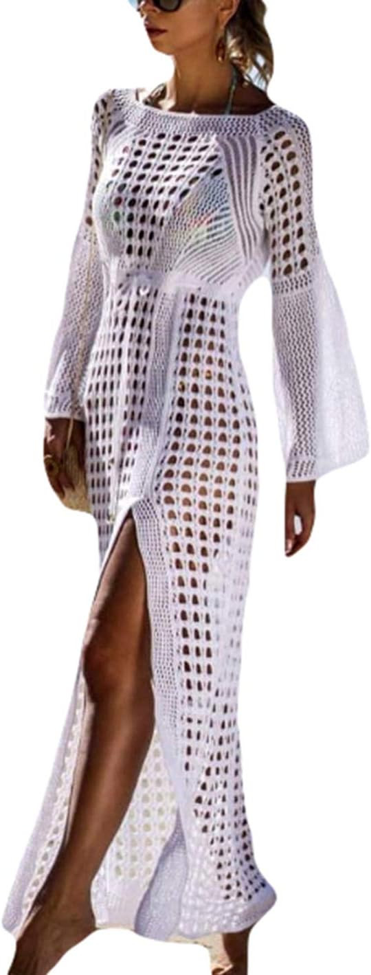 AILUNSNIKA Crochet Knitted Beach Cover Up Open Front Kimono Cardigan Sexy Lace Dress | Amazon (US)