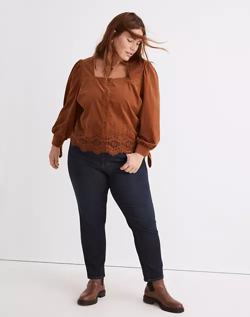 Plus Embroidered Eyelet Corduroy Tie-Sleeve Top | Madewell