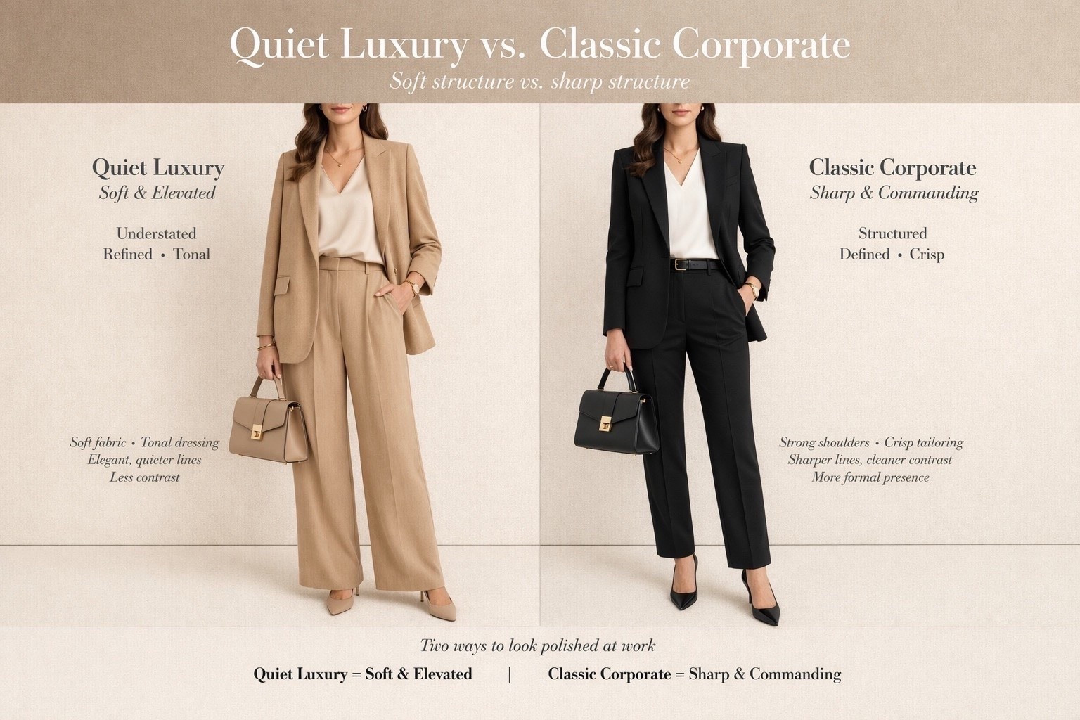 Quiet luxury and classic corporate can both look polished — they signal authority in different ways. Quiet luxury feels softer, more tonal, and more elevated, while classic corporate reads sharper, crisper, and more commanding. 

Save this for quiet luxury outfit ideas, classic corporate style, executive workwear inspiration, and polished office outfit formulas. #quietluxury #classiccorporate #workwearstyle 

#LTKWorkwear