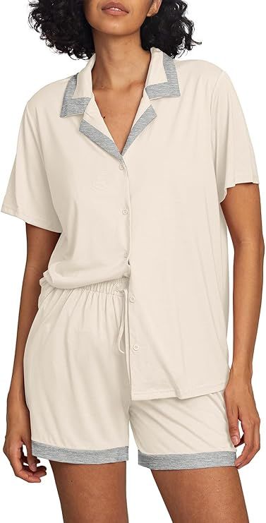 HiMONE Pajamas Set for Women, Button Up Pajamas Soft Summer Cooling Short Sleeve Bamboo Viscose S... | Amazon (US)