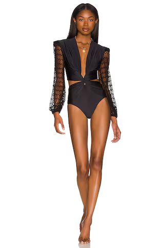PatBO Plunge Netted Sleeve Swimsuit in Black from Revolve.com | Revolve Clothing (Global)