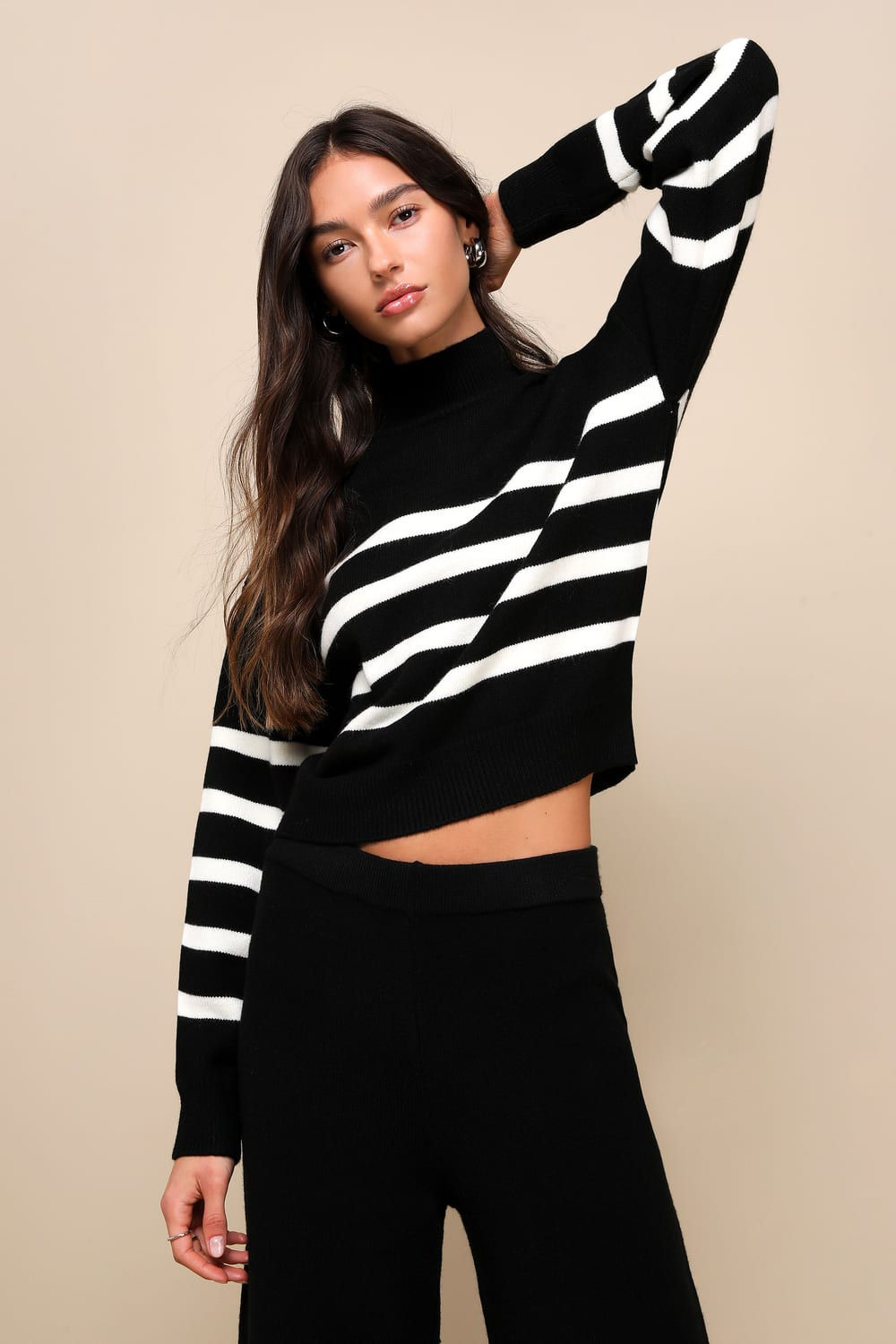 Effortlessly Charming Black Striped Mock Neck Sweater Top | Lulus (US)
