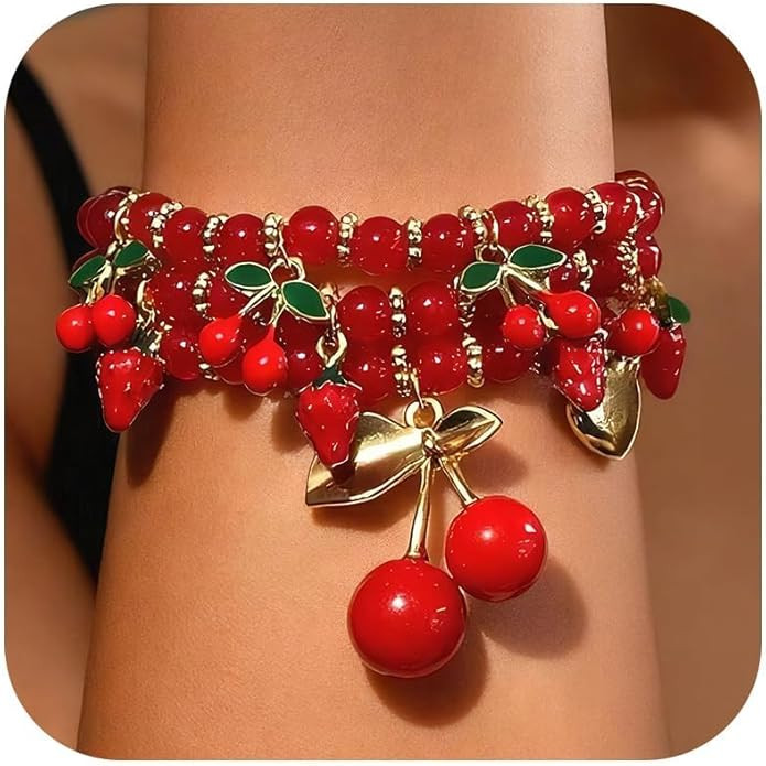 Long tiantian Cherry Bracelet for Women Charm Bracelets Stack Cherry Outfits Gifts Cute Stuff Red... | Amazon (US)