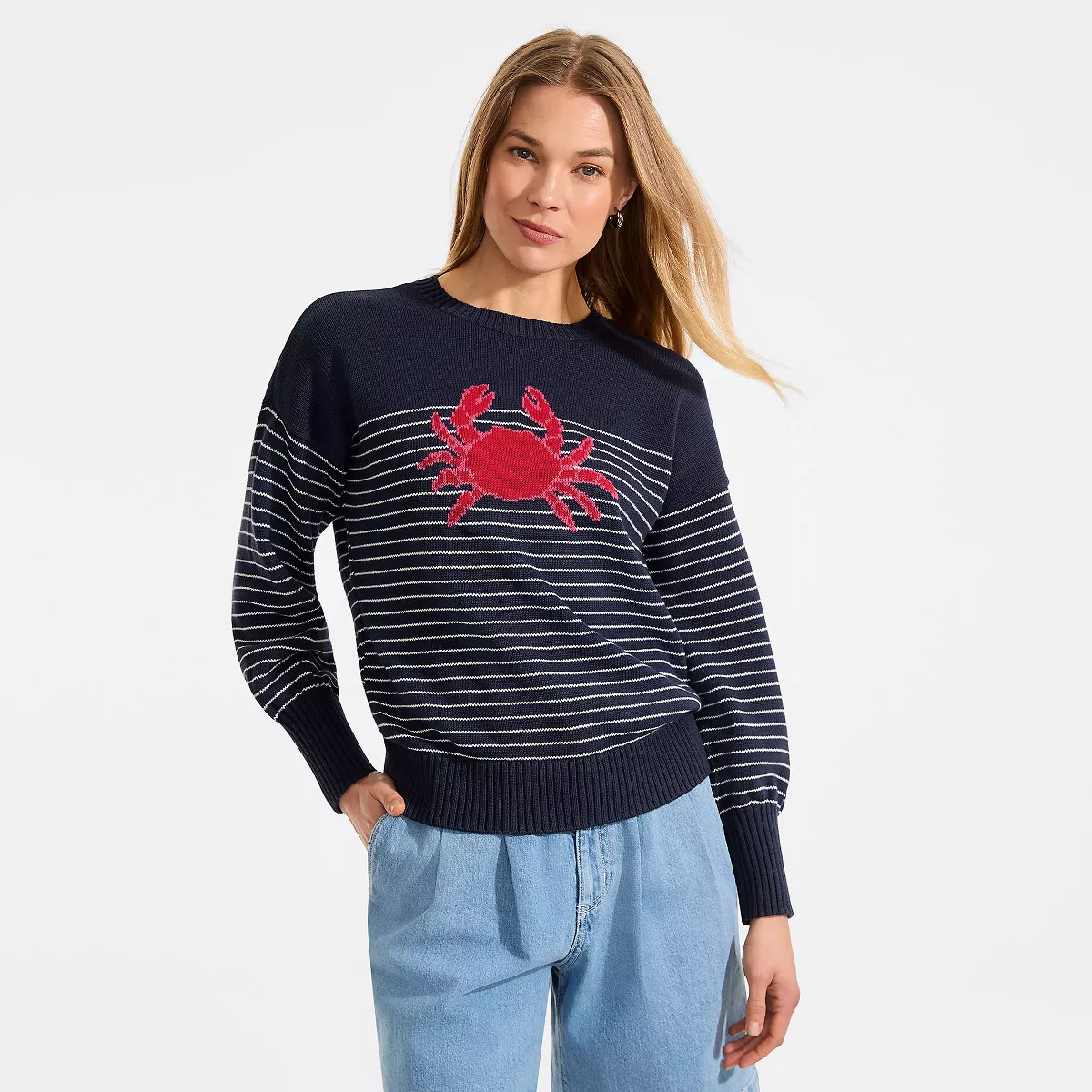 Lands' End Women's Cotton Drifter Novelty Jacquard Crew Neck Sweater - Medium - Red Crab/Navy | Target