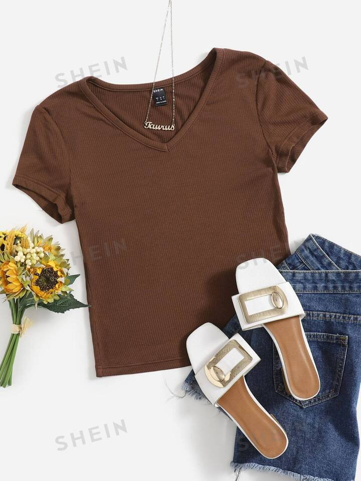 SHEIN EZwear V Neck Rib Knit Solid Tee | SHEIN