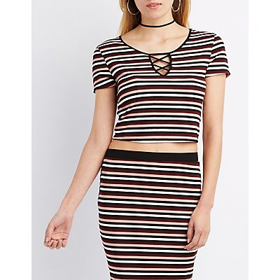 Striped & Ribbed Caged Crop Top | Charlotte Russe