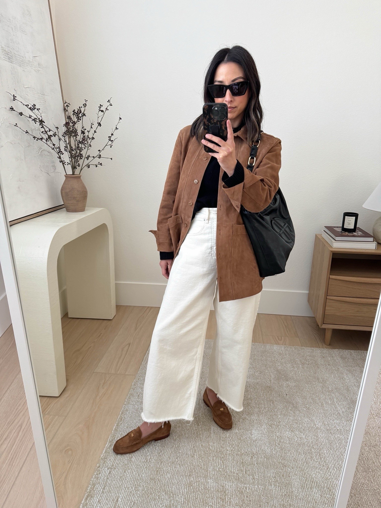 Sezane Suede Will jacket multiple ways. Best suede jackets. Truly, this one is stunning! I find it runs narrow, so for more room, size up. 

Sezane Will jacket small
Everlane sweater xs
Everlane jeans 26. Sized up and cut hems. 
Veronica Beard loafers 5.5. Go tts 
Chanel Trendy cc small
YSL sunglasses

Fall outfits, fall fashion, jeans, petite style, purse 


#LTKSeasonal #LTKPetite #LTKShoeCrush