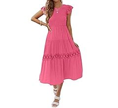ZESICA Women's 2024 Casual Crew Neck Flutter Sleeve Smocked High Waist Hollow Out Lace Trim Tiere... | Amazon (US)
