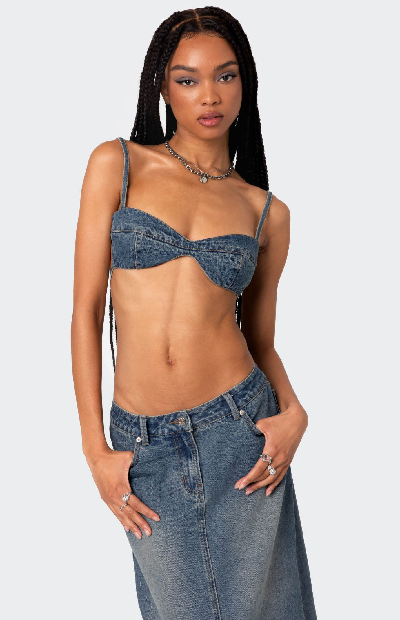 Edikted Women's Lassy Washed Denim Bralette in Blue - Size Medium | PacSun