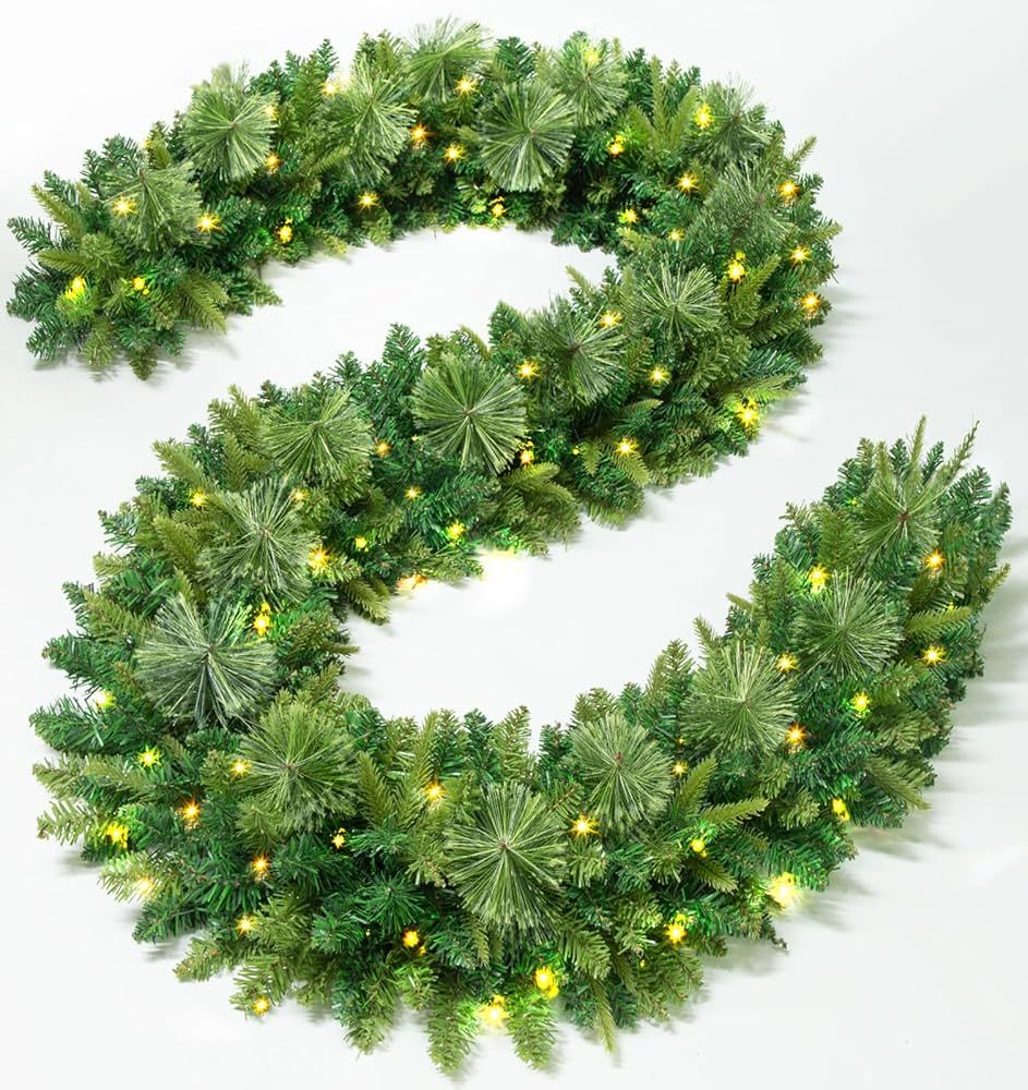 Jin&Bao 9FT Christmas Garland with Lights 100LED Prelit Green Pine Garland Christmas Decorations ... | Amazon (US)