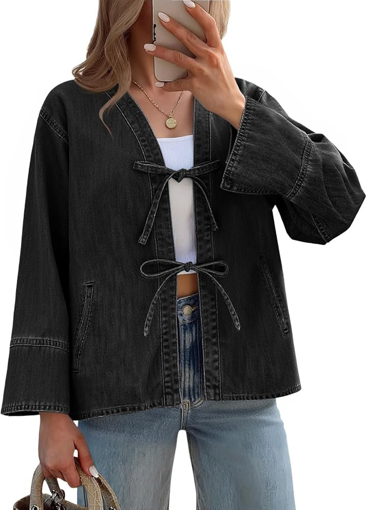 Tankaneo Womens Tie Front Denim Jacket Long Wide Sleeve Loose Fit Bow Jeans Coat Going Out Shacke... | Amazon (US)