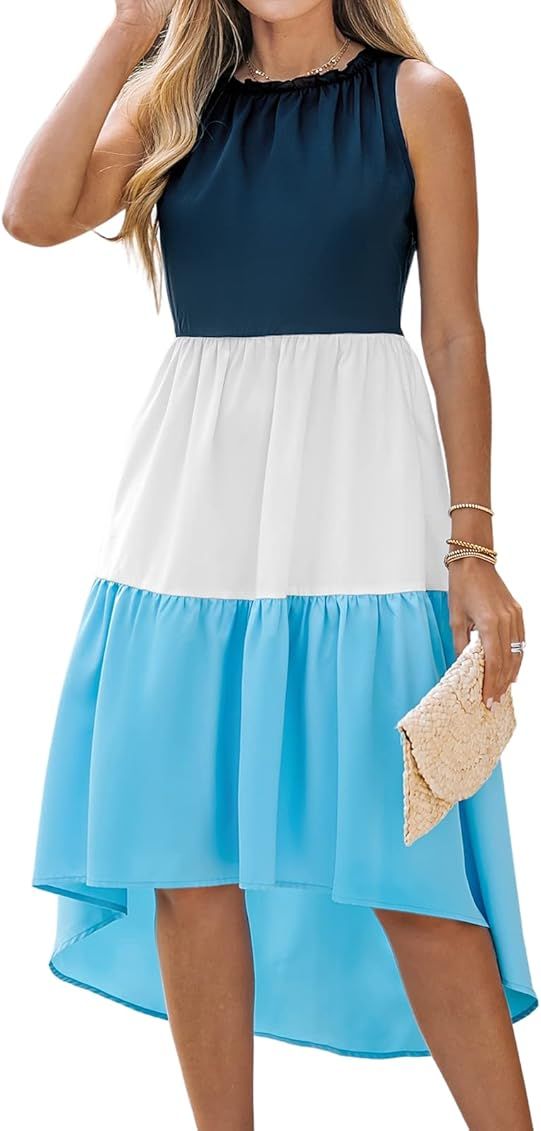 CUPSHE Women's Colorblock Sleeveless Midi Dress Sleeveless with Tiered Ruffled Hem A-line Round N... | Amazon (US)
