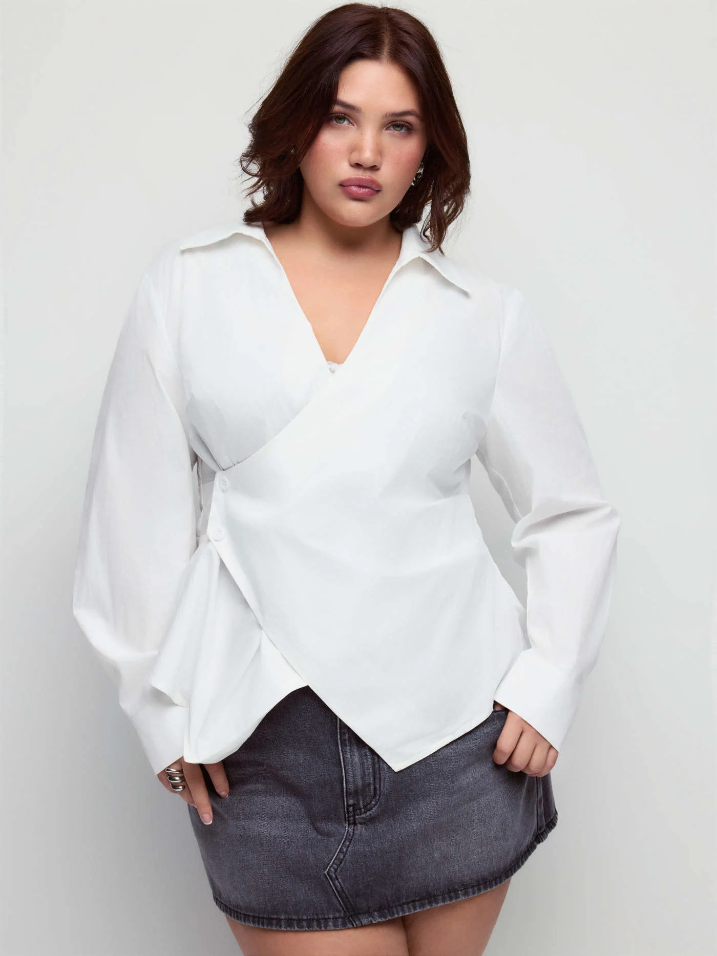 Woven Cotton-blend V-Neck Wrap Long Sleeve Blouse Curve & Plus For Daily Casual Work | Cider