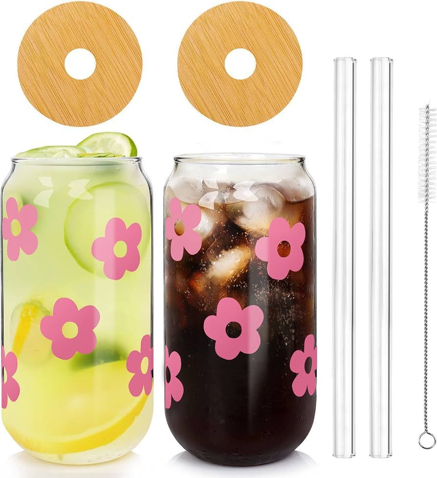 Glass Cups with Lids and Straws, Can Shaped Glass Cups, 20OZ Glass Cups, Drinking Glasses, Iced C... | Amazon (US)
