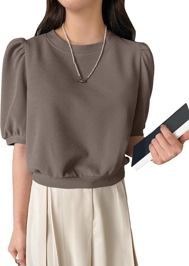 SweatyRocks Women's Short Puff Sleeve Round Neck Blouse Casual Solid Office Shirt Top | Amazon (US)