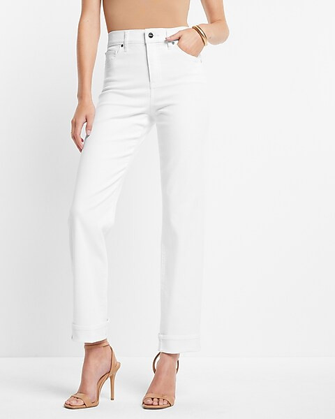 High Waisted White Cuffed Hem Straight Ankle Jeans | Express