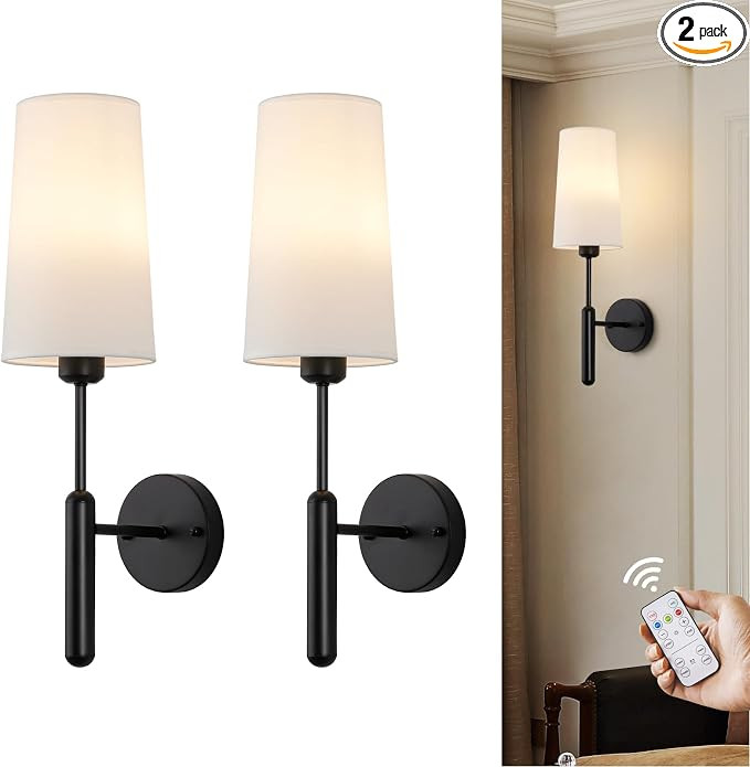 Black Rechargeable Battery Operated Wall Sconces Set of 2 with Remote, Wireless Dimmable 5000mAh ... | Amazon (US)