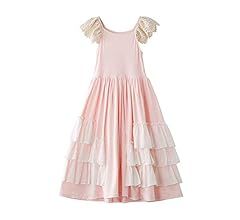 Girls Ruffles Maxi Dress Pink Color Halter Lace Fly Sleeve Cotton Party Dress Skirts | Amazon (US)