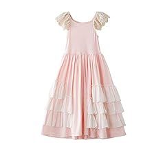 Girls Ruffles Maxi Dress Pink Color Halter Lace Fly Sleeve Cotton Party Dress Skirts | Amazon (US)