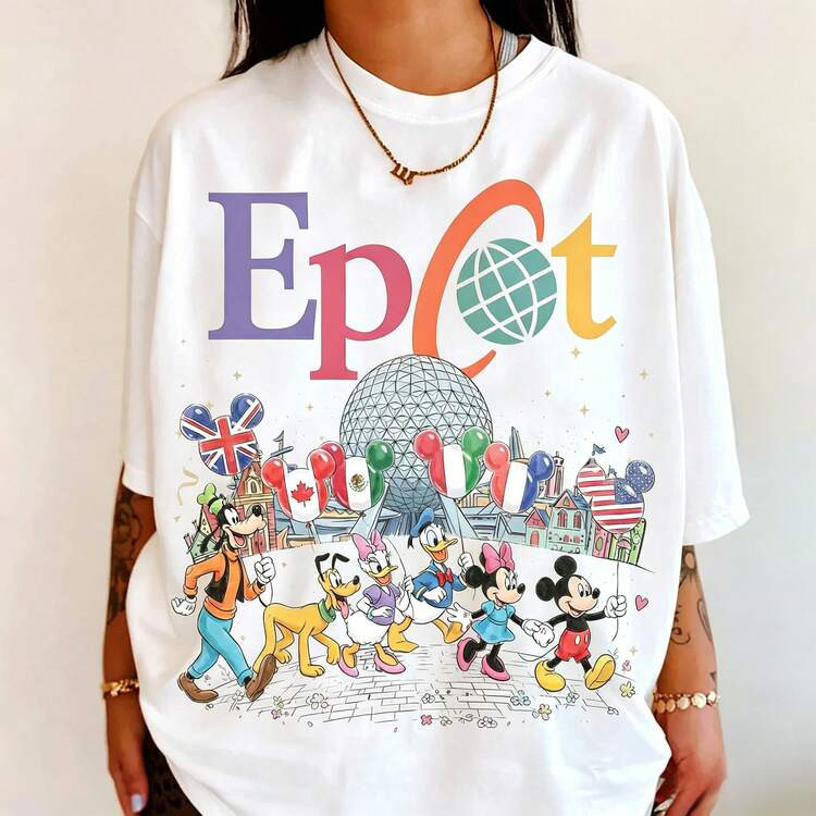 Disney Women's And Men's T-Shirts Classic Disney Characters Walking Through Epcot Printed Oversized T-Shirts, 100% Cotton Retro Short-Sleeved Casual Shirts, And Graphic Printing T-Shirts For Family Park Vacation Matching Outfits | SHEIN