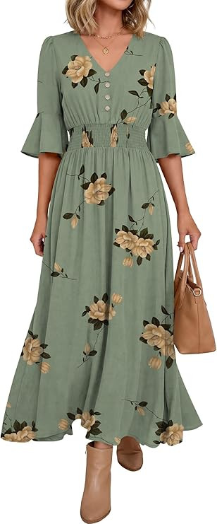 ANRABESS Womens Maxi Dress 2026 Summer Boho Ruffle Sleeve V Neck A Line Elastic Waist Flowy Weddi... | Amazon (US)