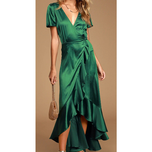 LULU'S SZ S Love Of Your Life Dark Green Satin Ruffled Wrap Maxi Dress NEW B150 | Poshmark