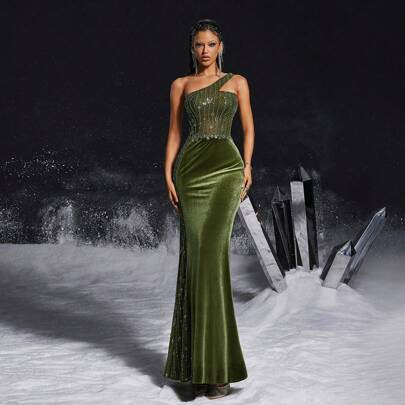 Elegant Olive Green Velvet Evening Gown With Sparkling Beaded Detailing, Elegant Party, Prom Dresses For Women, Formal Evening Gown | SHEIN