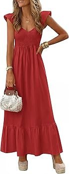 PRETTYGARDEN Women's 2026 Summer Casual Maxi Dresses Cap Sleeve V Neck Smocked Long Pockets Party... | Amazon (US)