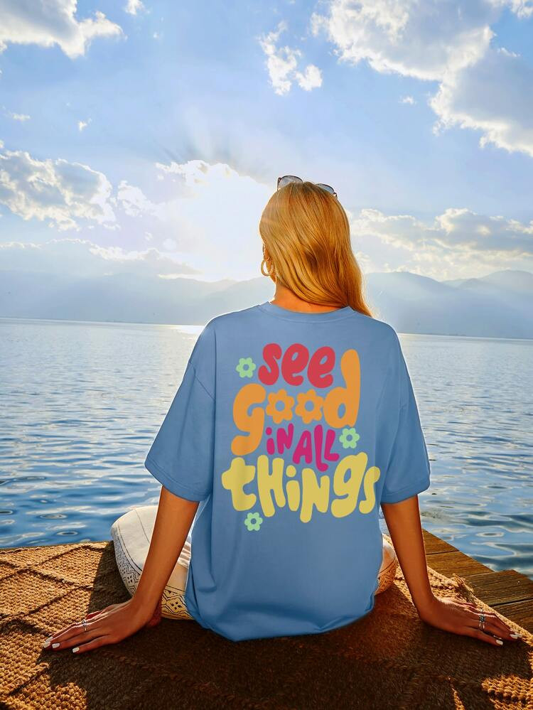 Slogan & Floral Print Drop Shoulder Tee | SHEIN