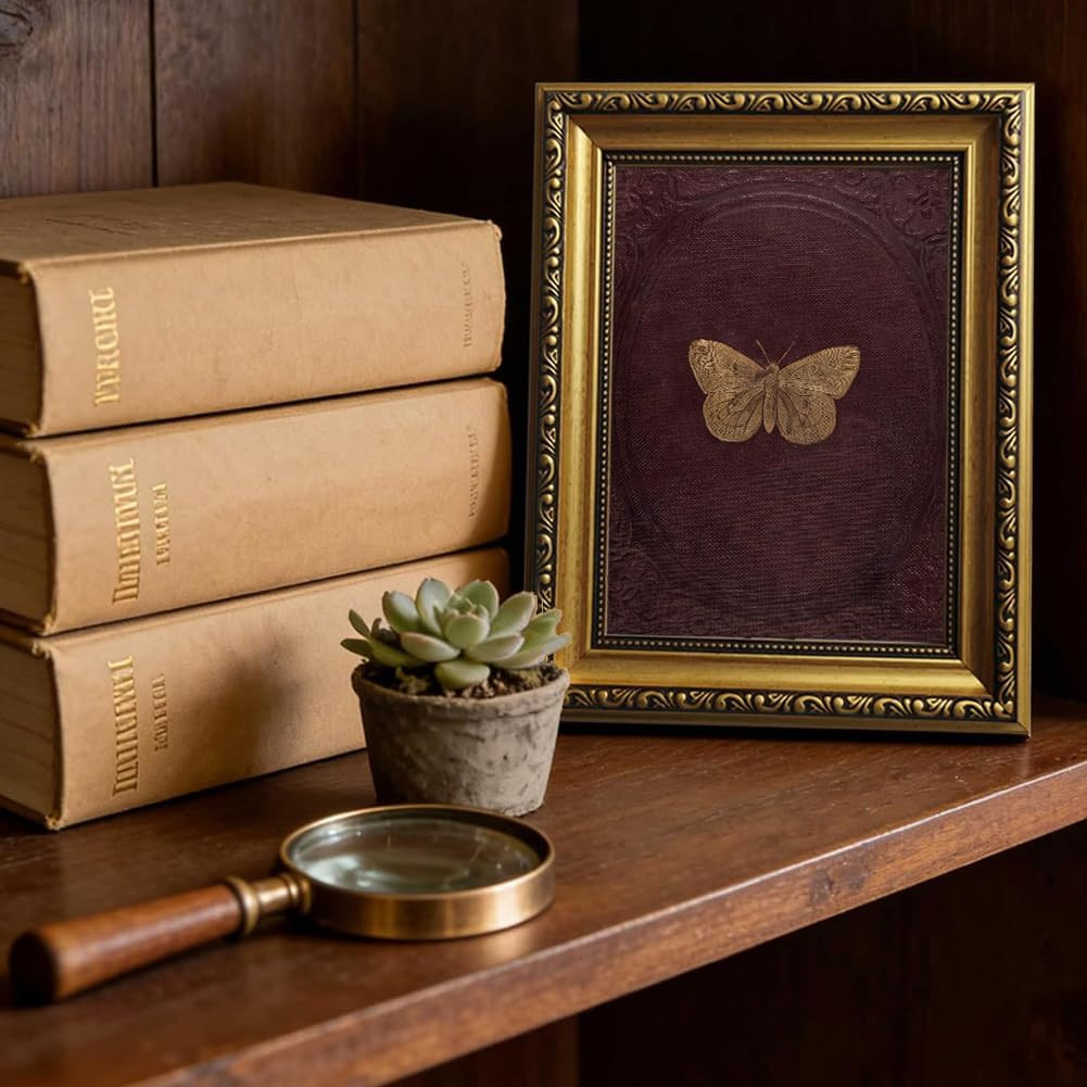 ZLPLLHA Vintage Gold Framed Wall Art Butterfly Wall Decor Moody Canvas Art Insect Pictures Victorian Paintings Burgundy Artwork for Bedroom Living Room | Amazon (US)