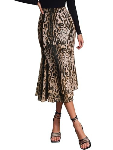 Ezcosplay Women High Waisted Mesh Leopard Print Midi Skirt Animal Cheetah Printed Bodycon Fishtail Hem Skirts | Amazon (US)