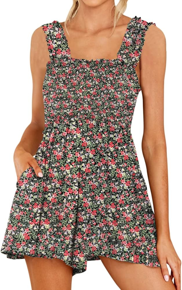DEEP SELF Women Summer Sleeveless Romper Square Collar Ruffle Straps Flowy Short Jumpsuit with Po... | Amazon (US)
