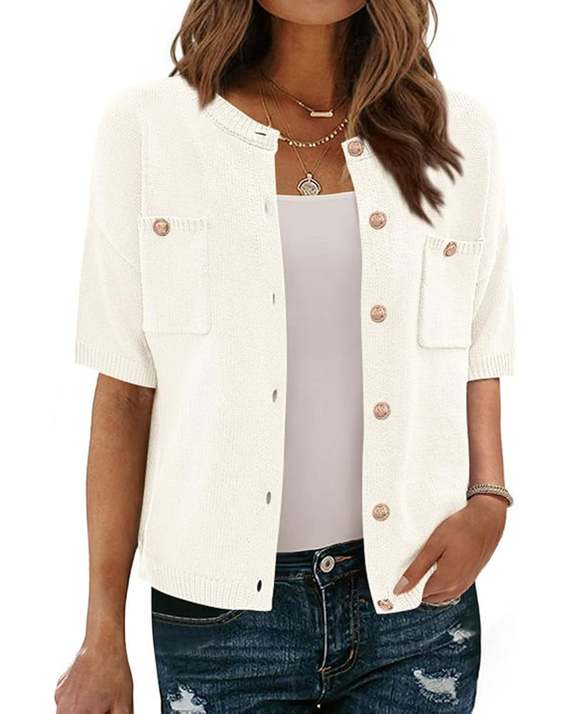 BTFBM Short Sleeve Cardigans for Women Button Up Sweaters Y2k Spring Summer 2025 Crew Neck Busine... | Amazon (US)