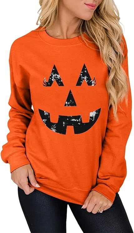 OWIN Women's Halloween Pumpkin Face Long Sleeve Sweatshirts Casual Pullover Tops | Amazon (US)