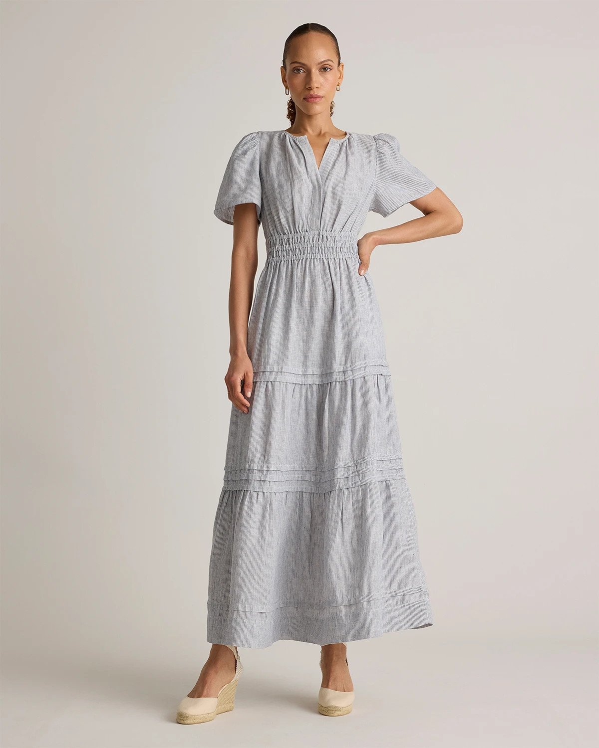 100% European Linen Tiered Maxi Dress in Blue Pinstripe | Quince