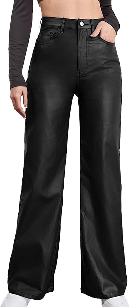 Women's Faux Leather Pants Coated High Waist PU Straight Leg Trousers Black Leggings with Pockets | Amazon (US)