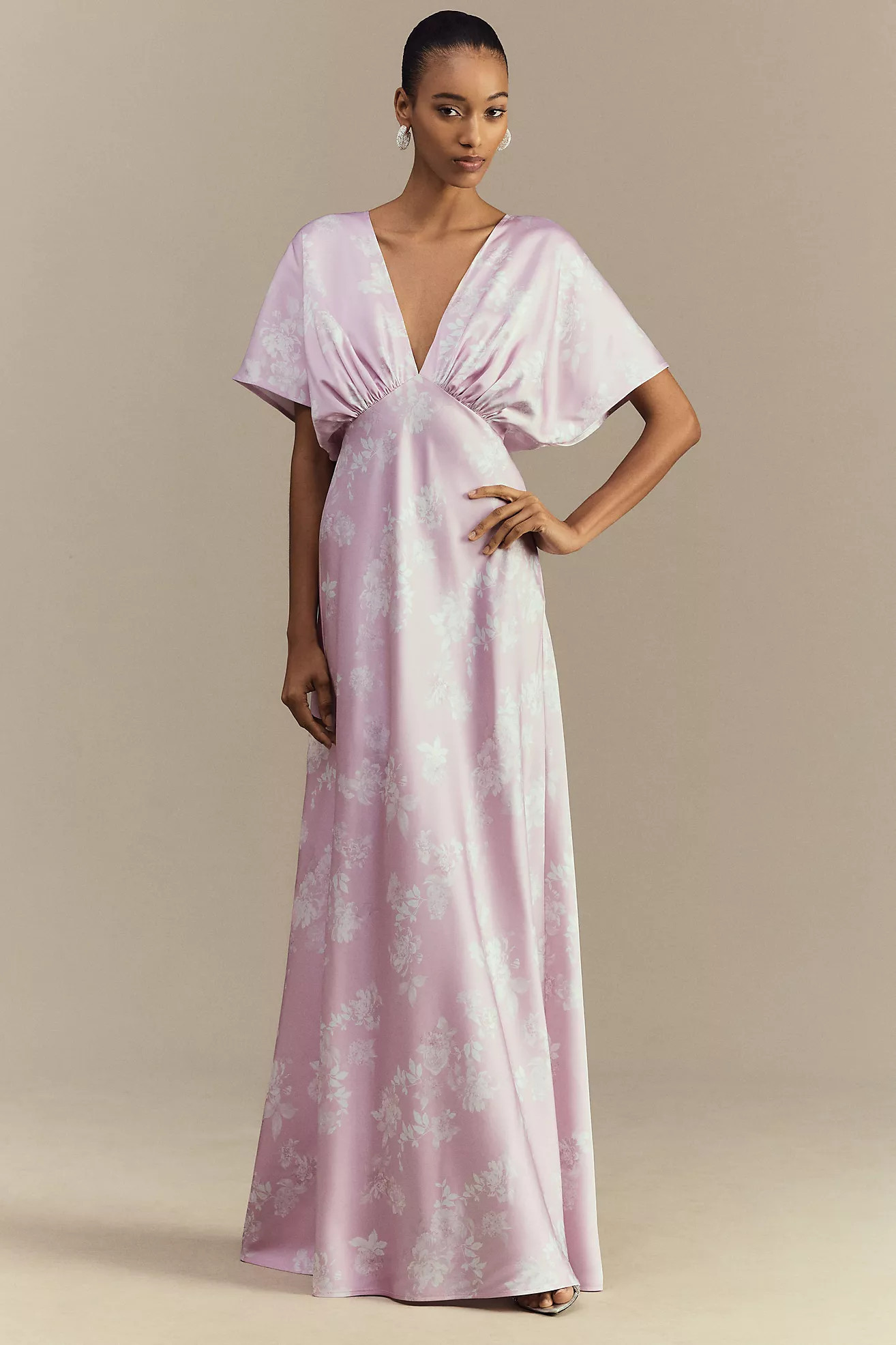 BHLDN Leila Deep-V Flutter-Sleeve Satin A-Line Gown | Anthropologie (US)