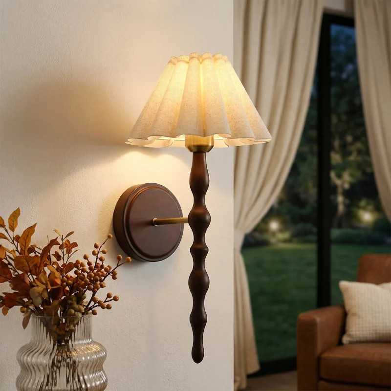 Vintage Wall Sconce with Linen Shade, Faux Wood Metal Arm (Set of 2) | Wayfair North America