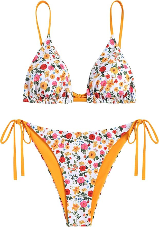 ZAFUL Women's Triangle Bikini Floral String Bikini Set Two Piece Swimsuit Bathing Suits | Amazon (US)