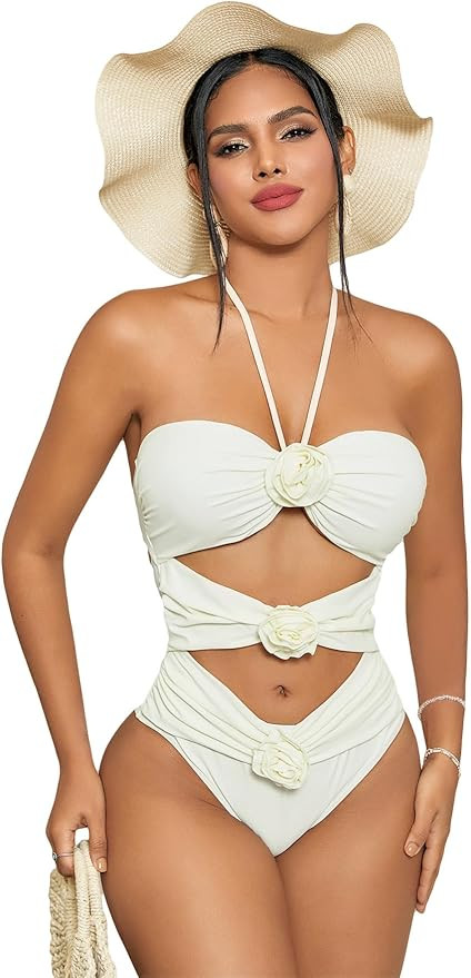 Women's Halter Neck 3D Flower Decoration Sexy One-Piece Cut Out Swimsuit Bathing Suit | Amazon (US)