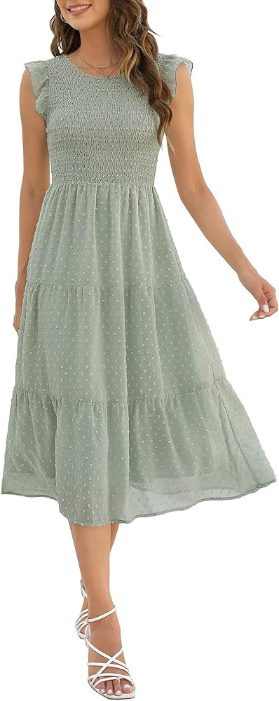Annebouti Women Ruffle Cap Sleeve Round Neck Solid/Swiss Dot Smocked Tiered Midi Dress | Amazon (US)