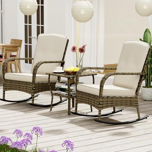 3 Pieces Patio Conversation Set, Outdoor Rocking Chair, Wicker Bistro Set, Outdoor Furniture with... | Amazon (US)